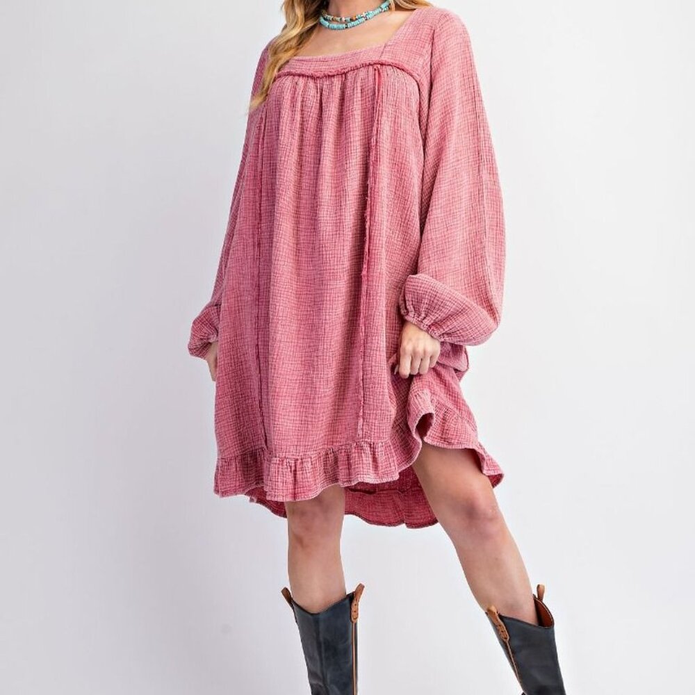 NWT Easel Brand WASHED COTTON GAUZE RUFFLE WOVEN DRESS in Vintage Rose